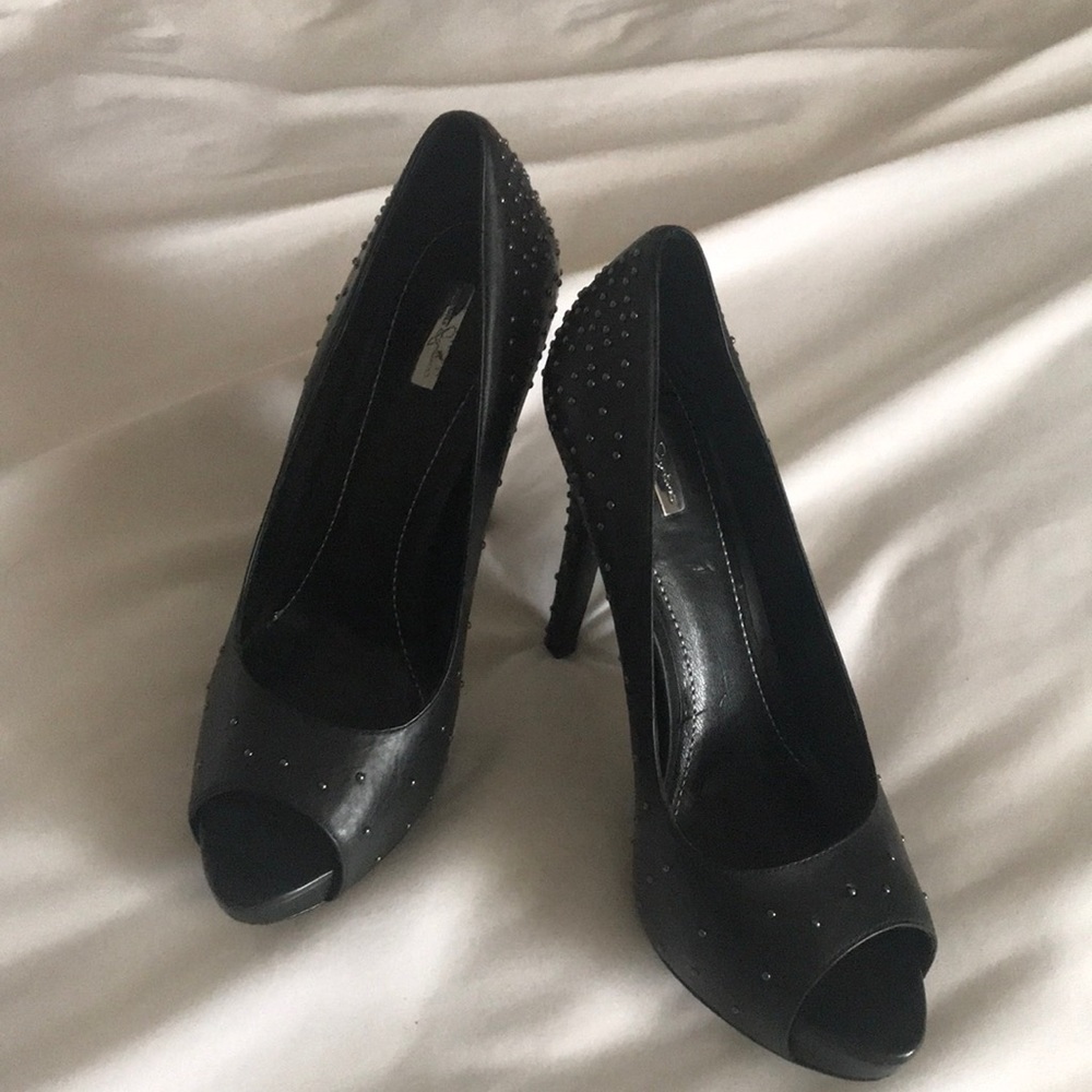 Report Signature Black Leather Studded Platform Pumps